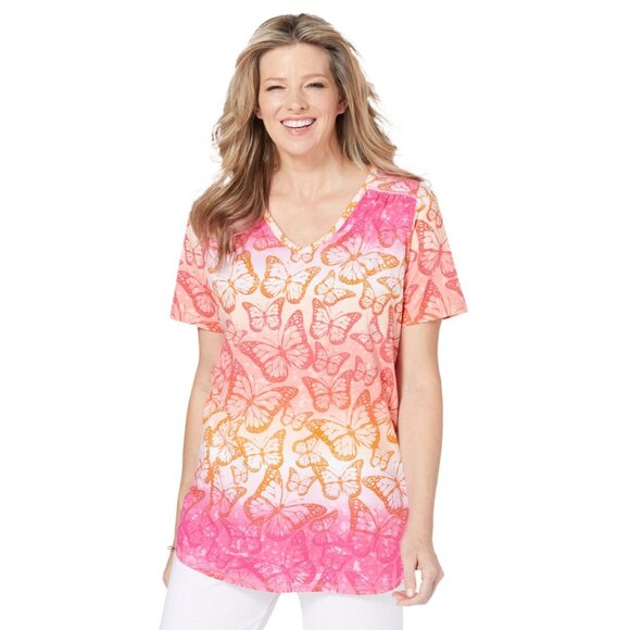Woman Within Women's Plus Size V-Neck Shirred Tee Butterfly print 1X 22W 24W - Picture 1 of 7